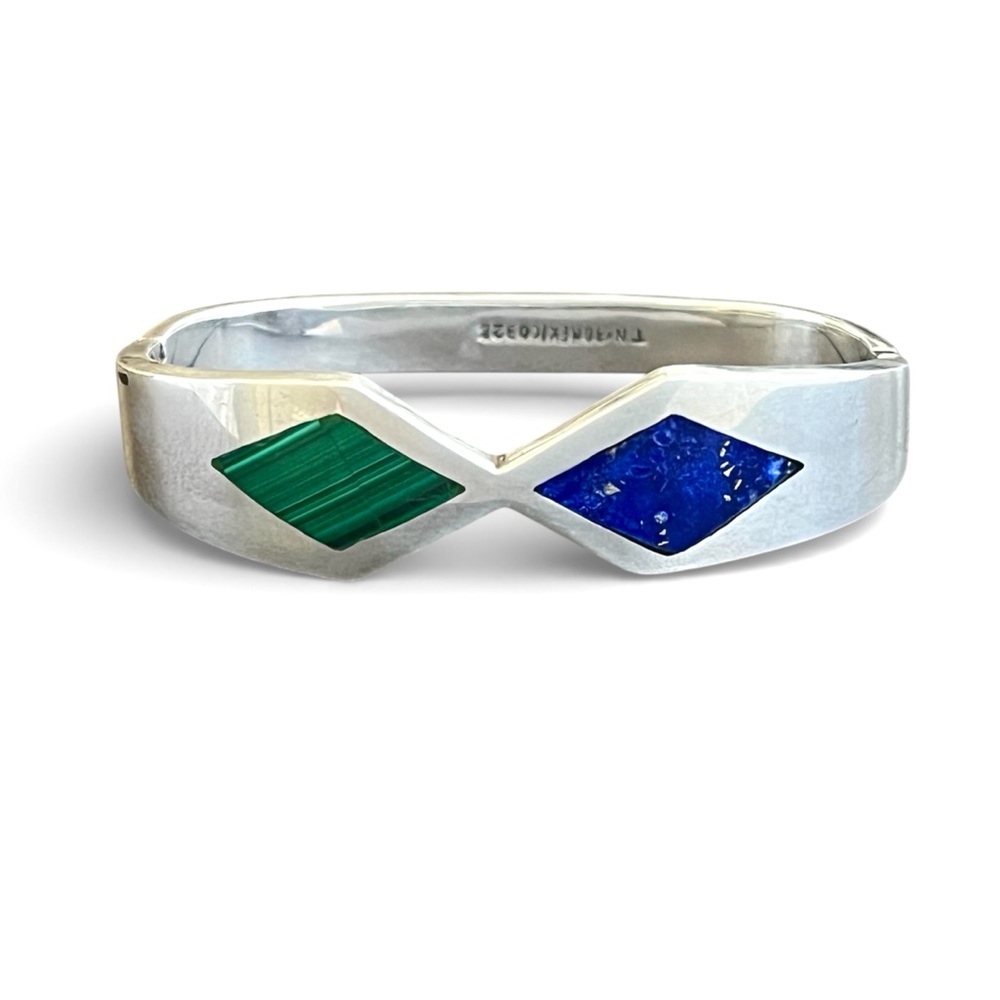 Vintage 53g Taxco sterling malachite and lapis Heavy hinged bangle bracelet